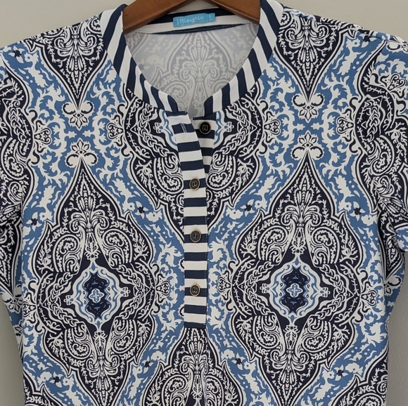 J. McLaughlin Catalina Cloth Tunic Top WOMEN'S S Biscayne Damask White Navy - Picture 14 of 15